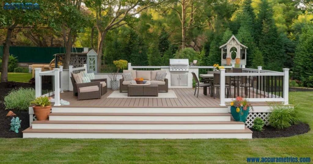 Outdoor deck in a backyard with seating, dining area, and grill.