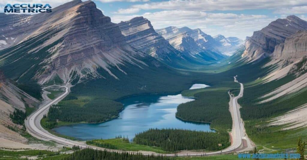 Trans Canada second among longest roads with the Rocky Mountains in the background.