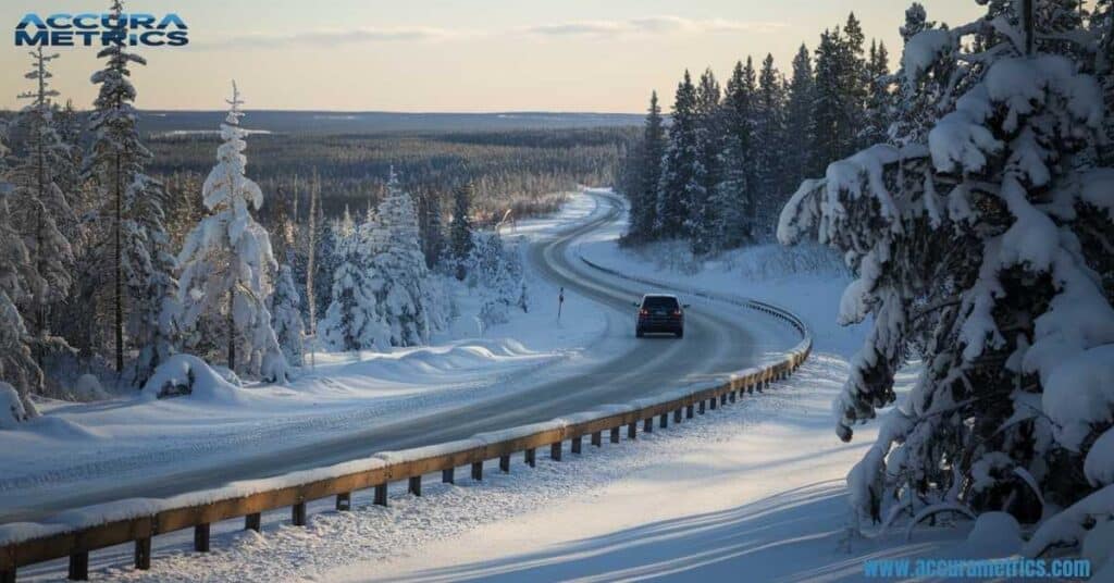 A remote stretch of the Trans Siberian Highway surrounded by snow covered trees.