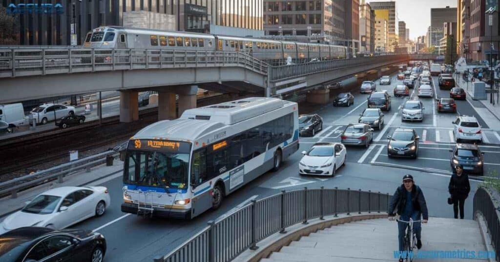 In urban transportation, showing a bus route, subway ride, daily commute, and rush hour drive.