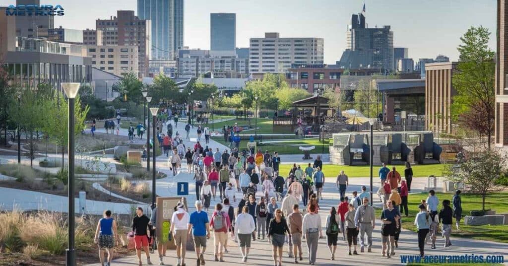 urban walking route in a U.S. city, with diverse pedestrians and green spaces.