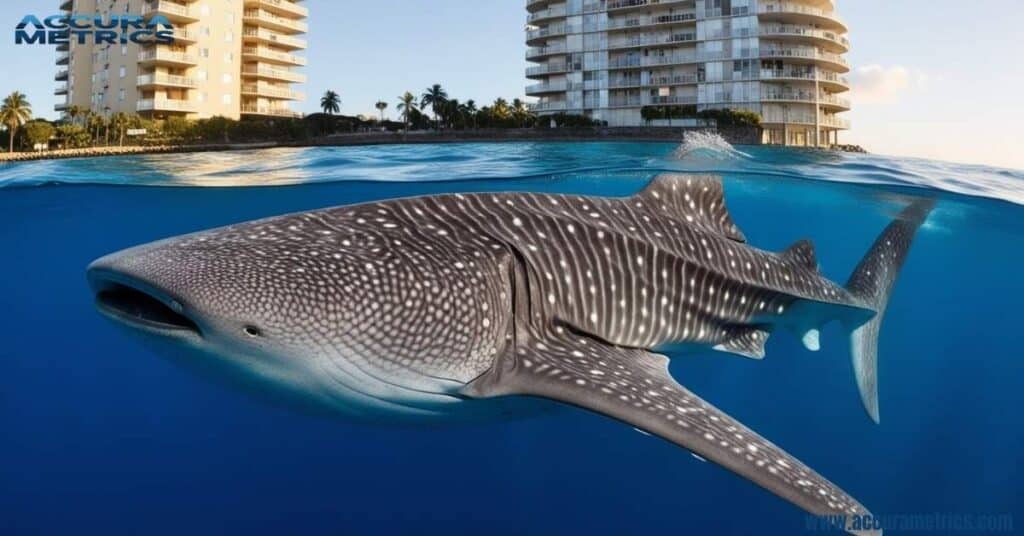 A whale shark swimming near a small apartment and multi story building Comparing Animal Sizes.