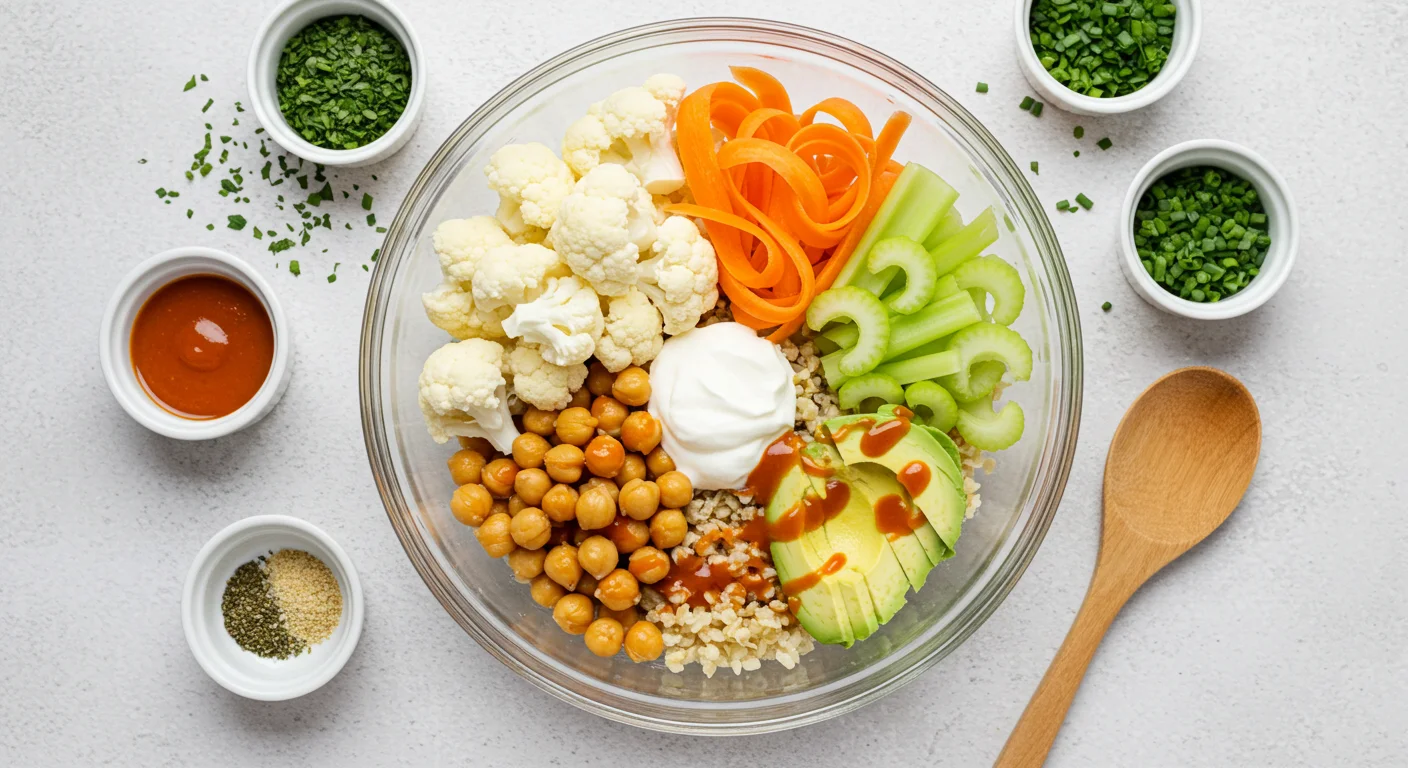 High-Protein Buffalo Cauliflower Bowl Glass bowl with cauliflower, chickpeas, and Buffalo sauce. Surrounding are celery, carrot ribbons, avocado slices, and spices on a kitchen counter.