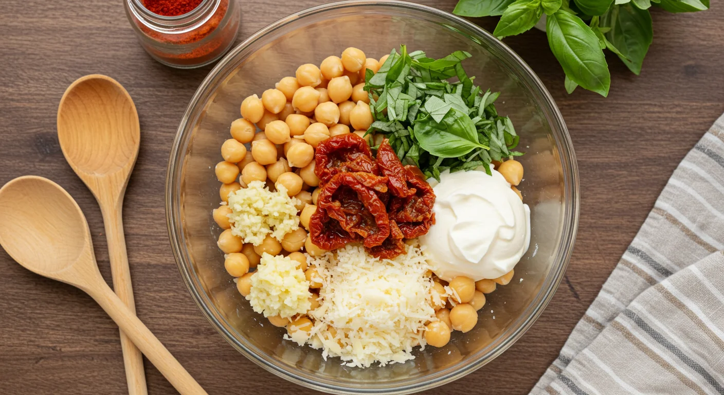 High-Protein Chickpea Top-down view of chickpeas, sun-dried tomatoes, garlic, Parmesan, cream, and basil in a glass bowl, surrounded by rustic kitchen items under soft lighting.