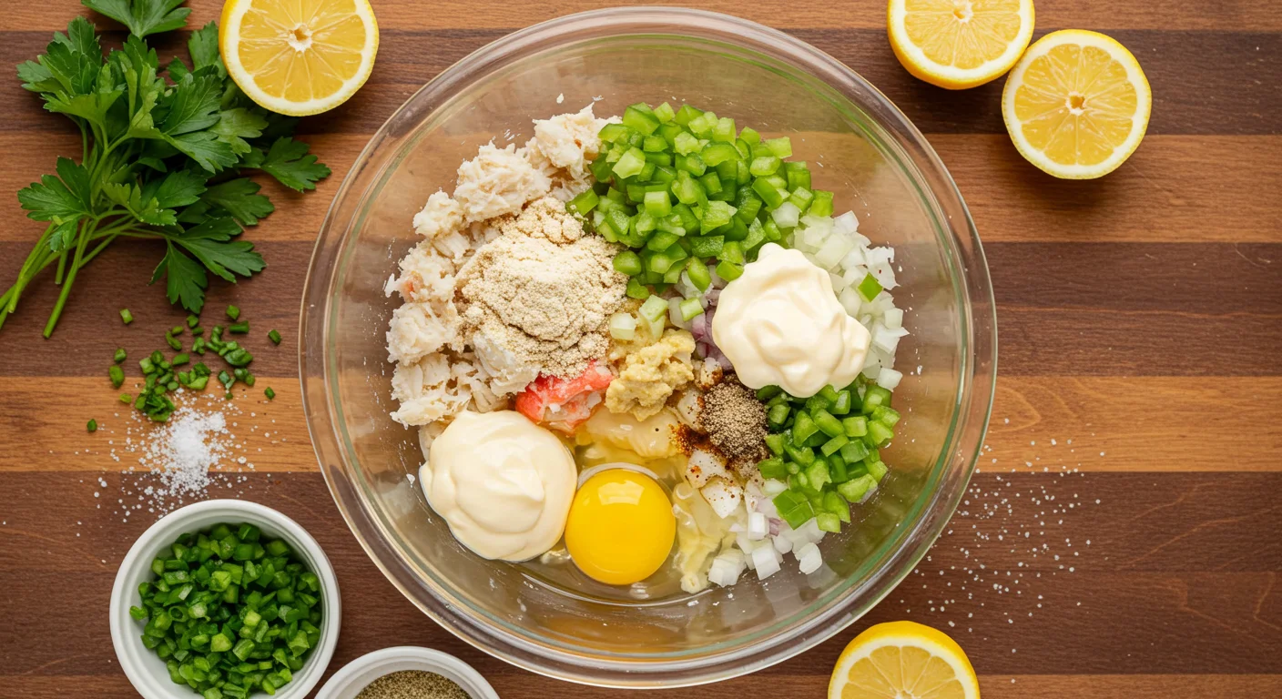 keto Crab Cakes Glass bowl with crabmeat, almond flour, and chopped veggies on a wooden countertop.