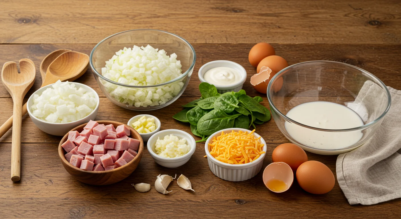 High-Protein Ham & Spinach Quiche Quiche ingredients—spinach, ham, onions, eggs, cheese, and cream—arranged in a glass bowl on a rustic kitchen counter.