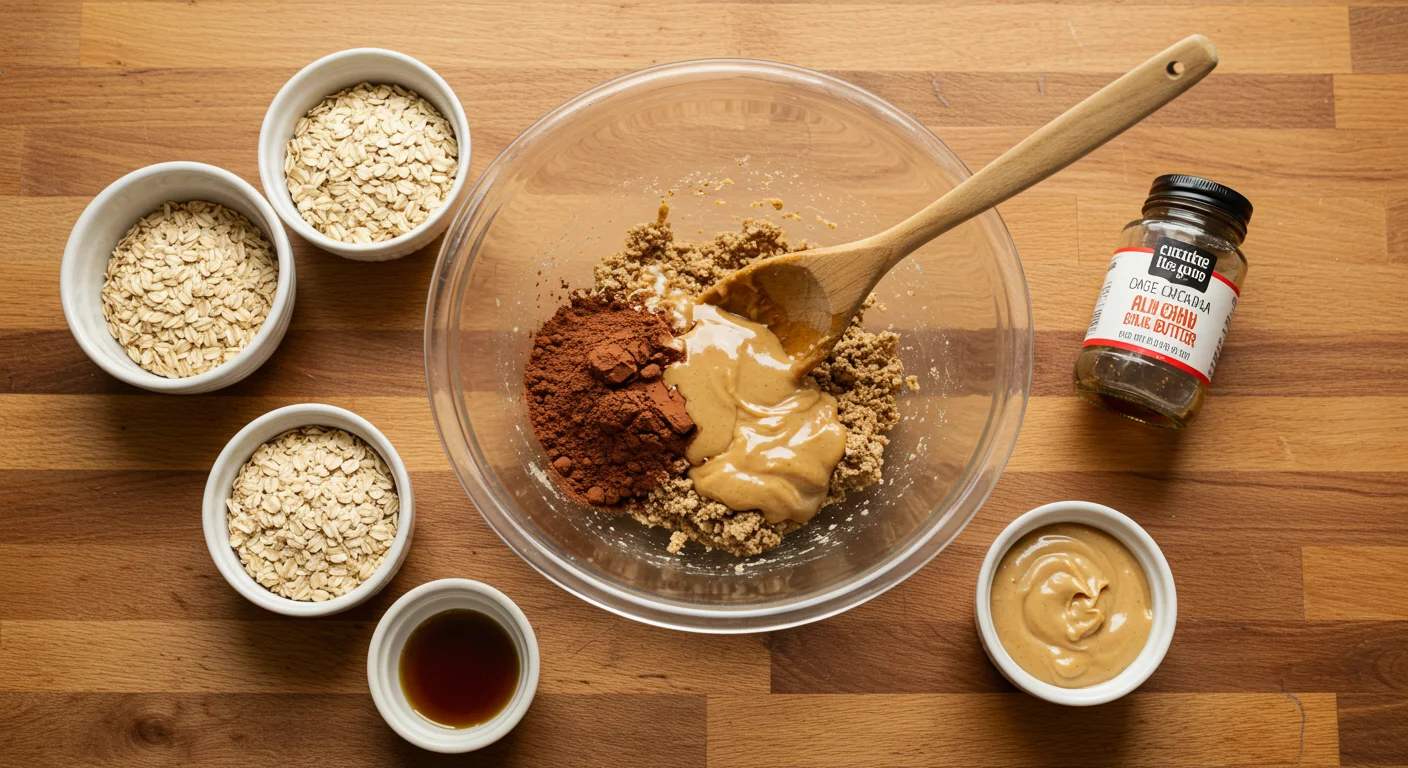 4 Ingredient WW Chocolate Oatmeal Cookies Glass bowl with partially mixed oats, cocoa powder, almond butter, and maple syrup, surrounded by small bowls of individual ingredients on a rustic countertop.