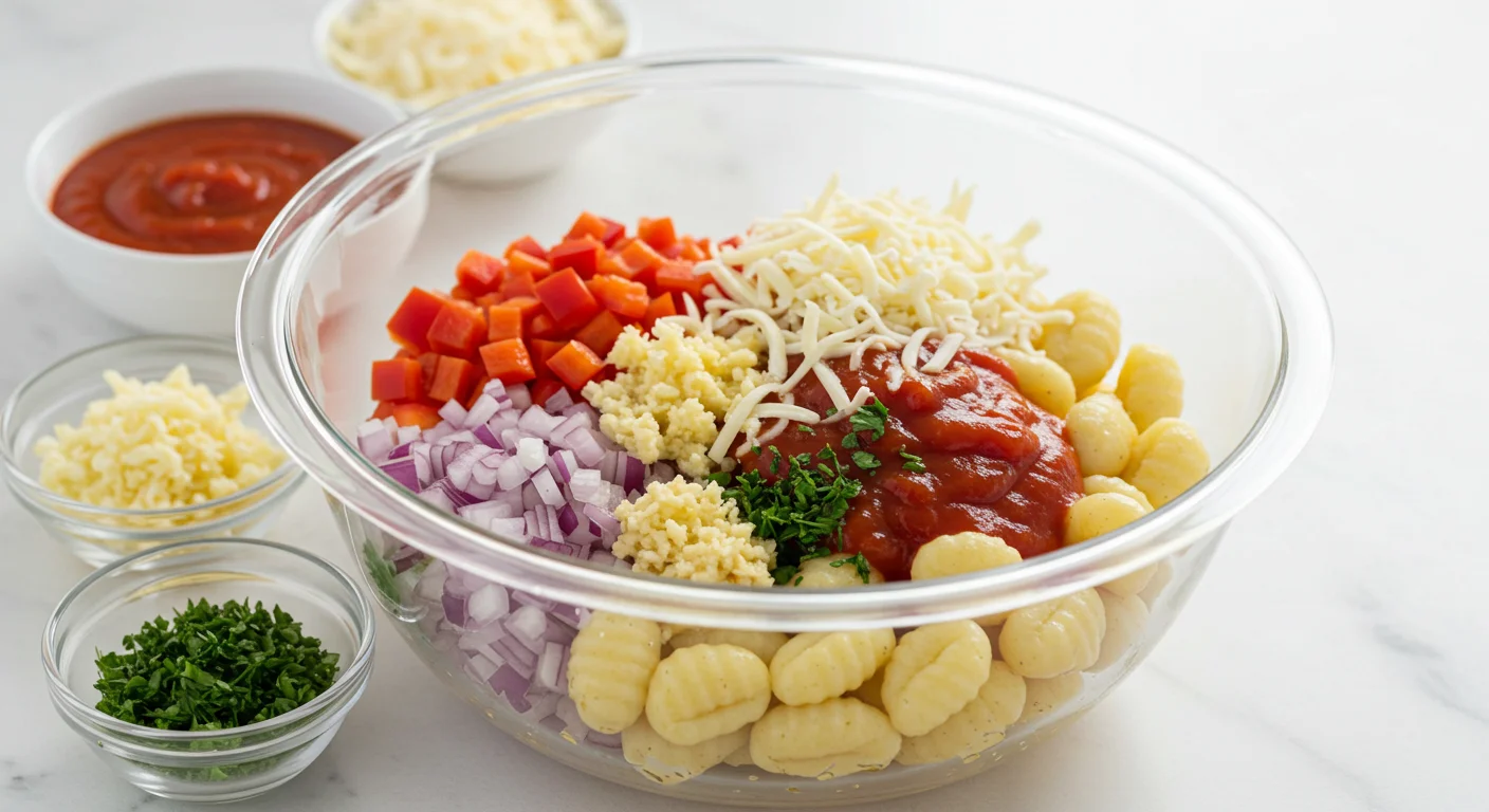 WW Cheesy Gnocchi Casserole ngredients for WW Cheesy Gnocchi Casserole in a glass bowl with chopped veggies, gnocchi, marinara, and cheese on a white counter.