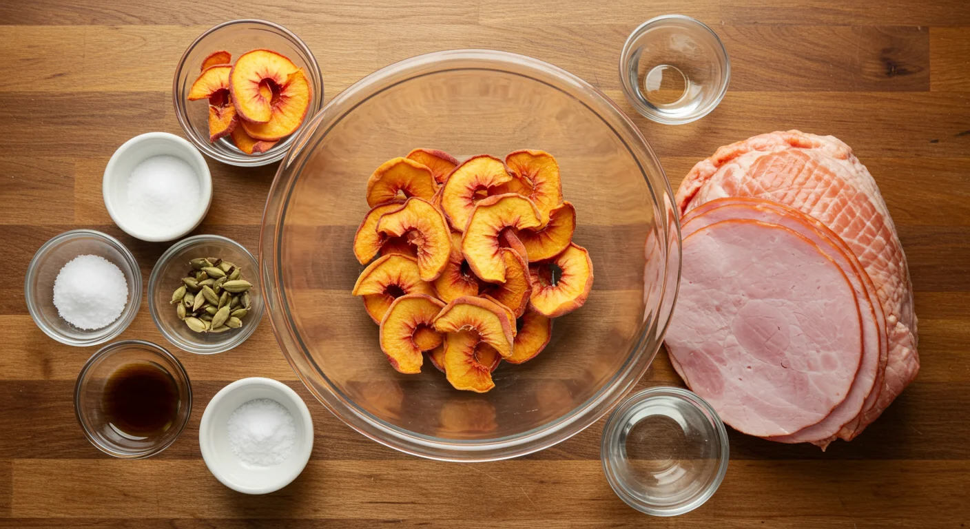 WW Glazed Turkey “Ham” Ingredients for WW Glazed Turkey “Ham” in a glass bowl with small bowls of peach slices, Splenda, vinegar, and cloves on a wooden counter.
