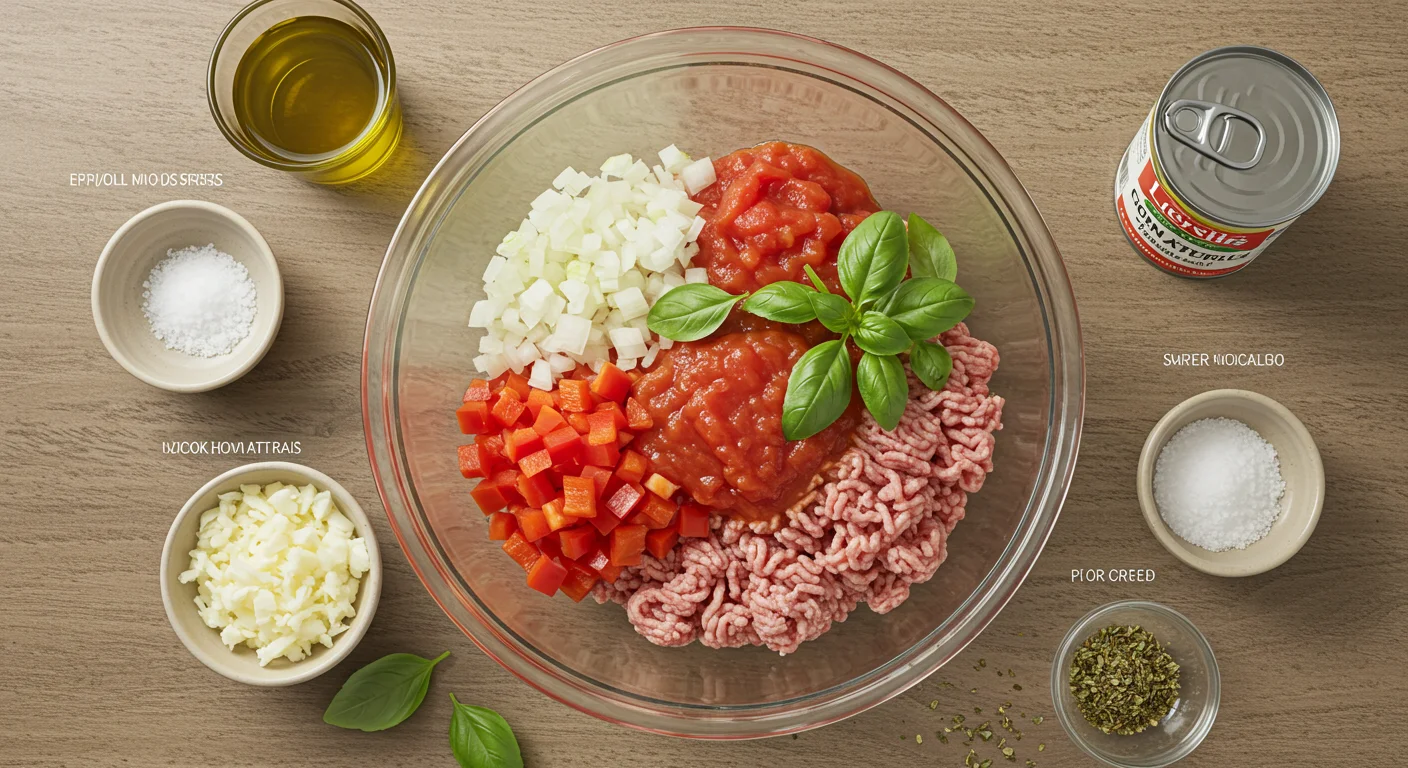 WW Zucchini Cannelloni with Pork Ragu Ingredients for zucchini cannelloni: chopped onions, bell peppers, ground pork, tomatoes, basil, and olive oil in a glass bowl on a kitchen counter.