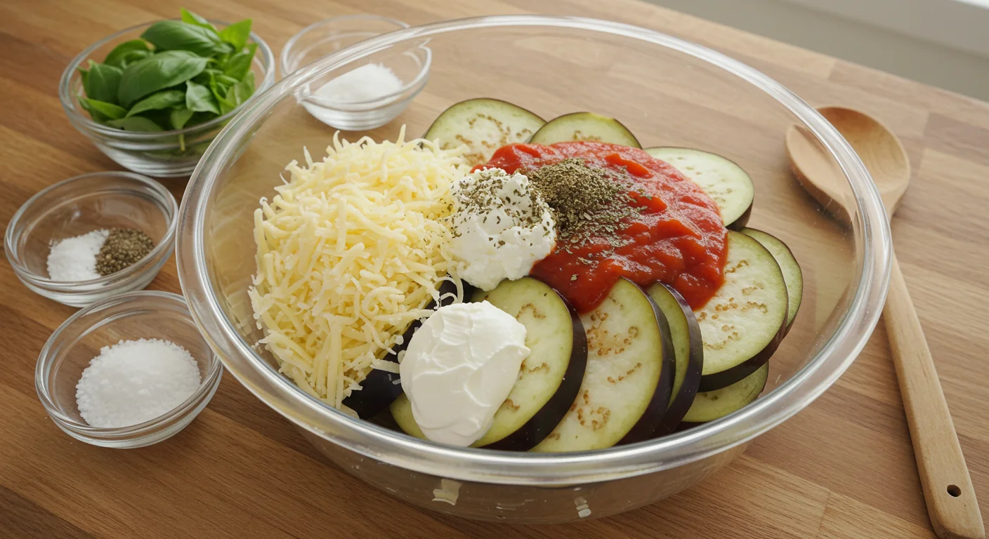 WW Eggplant Parmesan Eggplant Parmesan ingredients in a glass bowl: sliced eggplant, Parmesan, cottage cheese, marinara sauce, and cornstarch, on a wooden counter.
