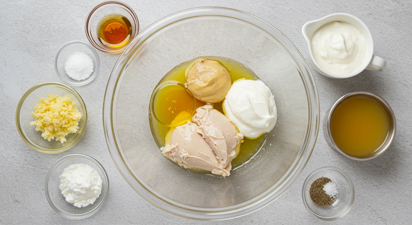 WW Instant Pot Honey Mustard Chicken Ingredients for WW Pot Honey Mustard Garlic Chicken in a glass bowl with mustard, honey, garlic, and Greek yogurt, surrounded by small bowls on a kitchen counter.