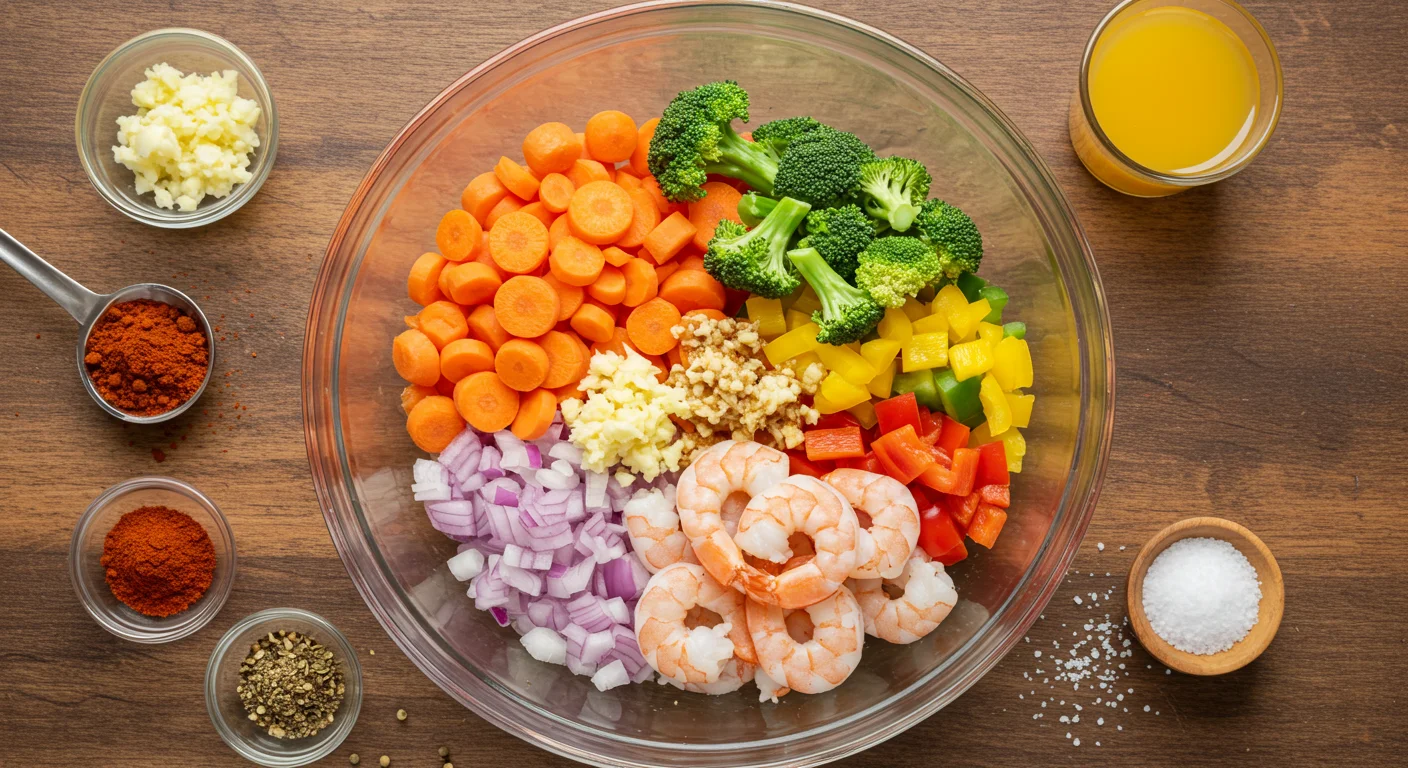 WW Shrimp Stir Fry Fresh shrimp, veggies, and marinade in a glass bowl on a wooden countertop with scattered spices.