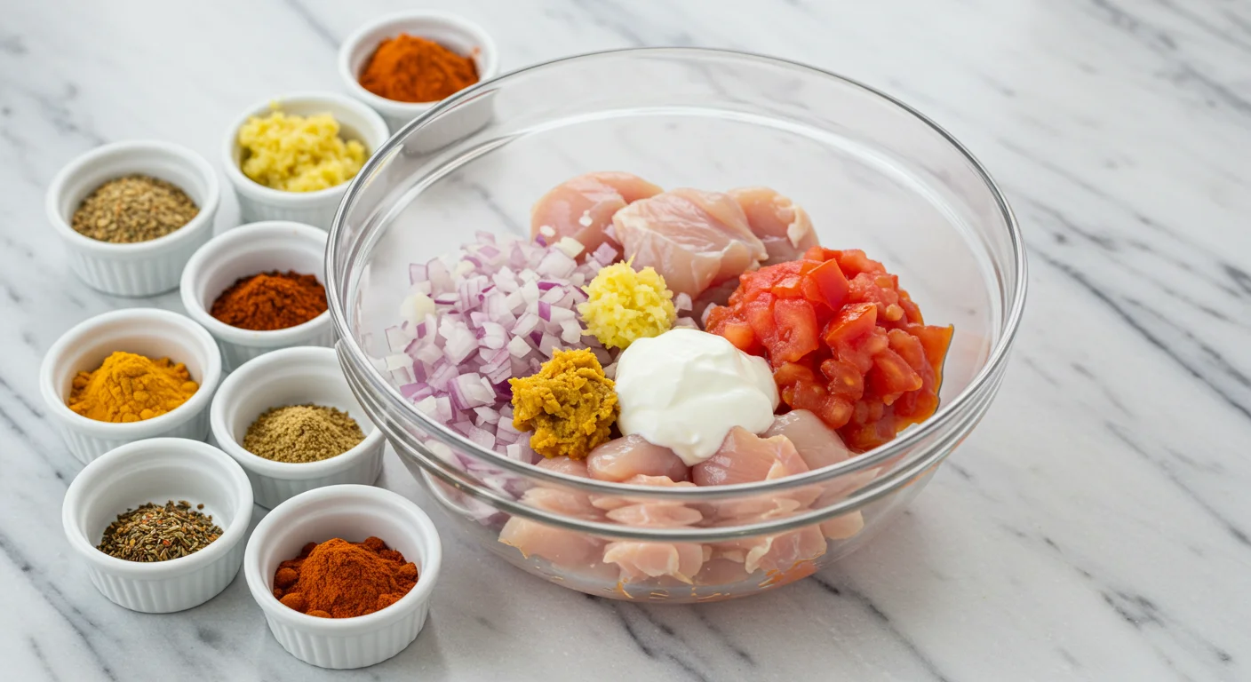WW Slow-Cooker Butter Chicken Glass bowl with butter chicken ingredients: chicken, spices, garlic, ginger, tomatoes, and yogurt, surrounded by small bowls on a gray countertop.