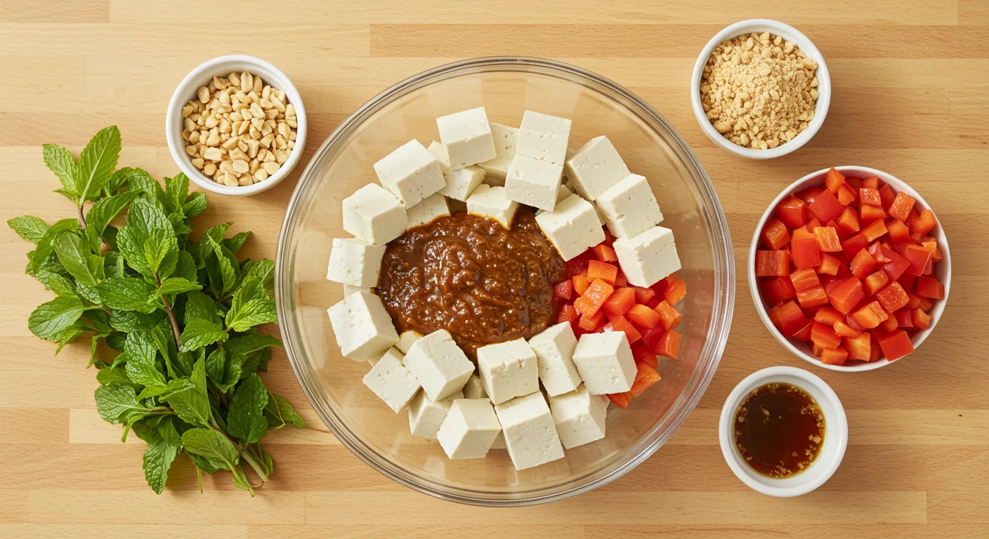 WW Satay Tofu & Peppers WW Satay Grilled Tofu and Peppers ingredients in a glass bowl: tofu, satay sauce, peppers, peanuts, and mint on a wooden counter.