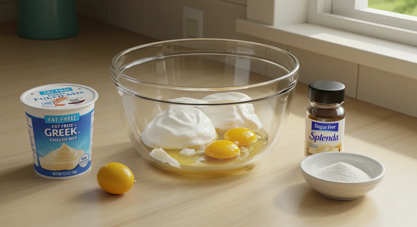 Zero Point WW Cheesecake Zero Point WW Cheesecake ingredients in a glass bowl on a light countertop, including Greek yogurt, eggs, pudding mix, vanilla, and Splenda.