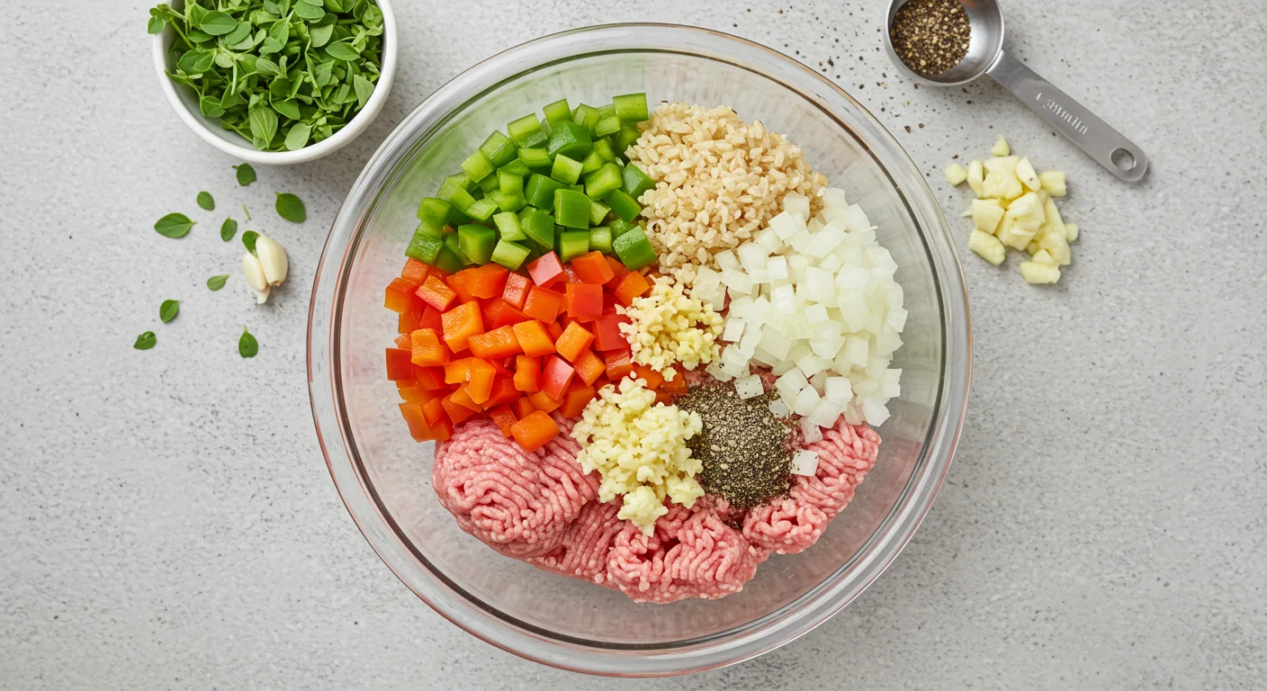 Zero Point WW Stuffed Pepper Soup
Ingredients for Zero Point WW Stuffed Pepper Soup in a clear glass bowl: diced peppers, onions, turkey, rice, and seasonings on a kitchen counter.
