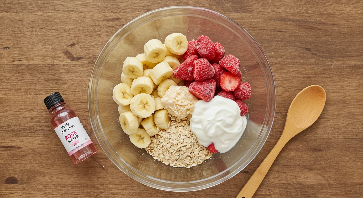 WW Zero Point Strawberry Ice Cream Ingredients for WW Zero Point Strawberry Ice Cream in a glass bowl: frozen bananas, strawberries, yogurt, oats, and rose water on a wooden table.