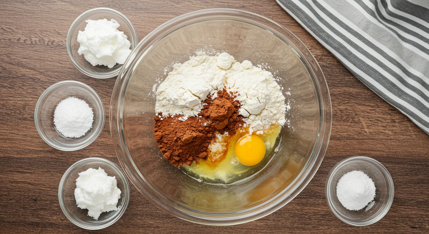 One-Point WW Chocolate Mug Cake Glass bowl with mixed chocolate mug cake ingredients, surrounded by small bowls of flour, cocoa powder, and egg whites on a rustic countertop.