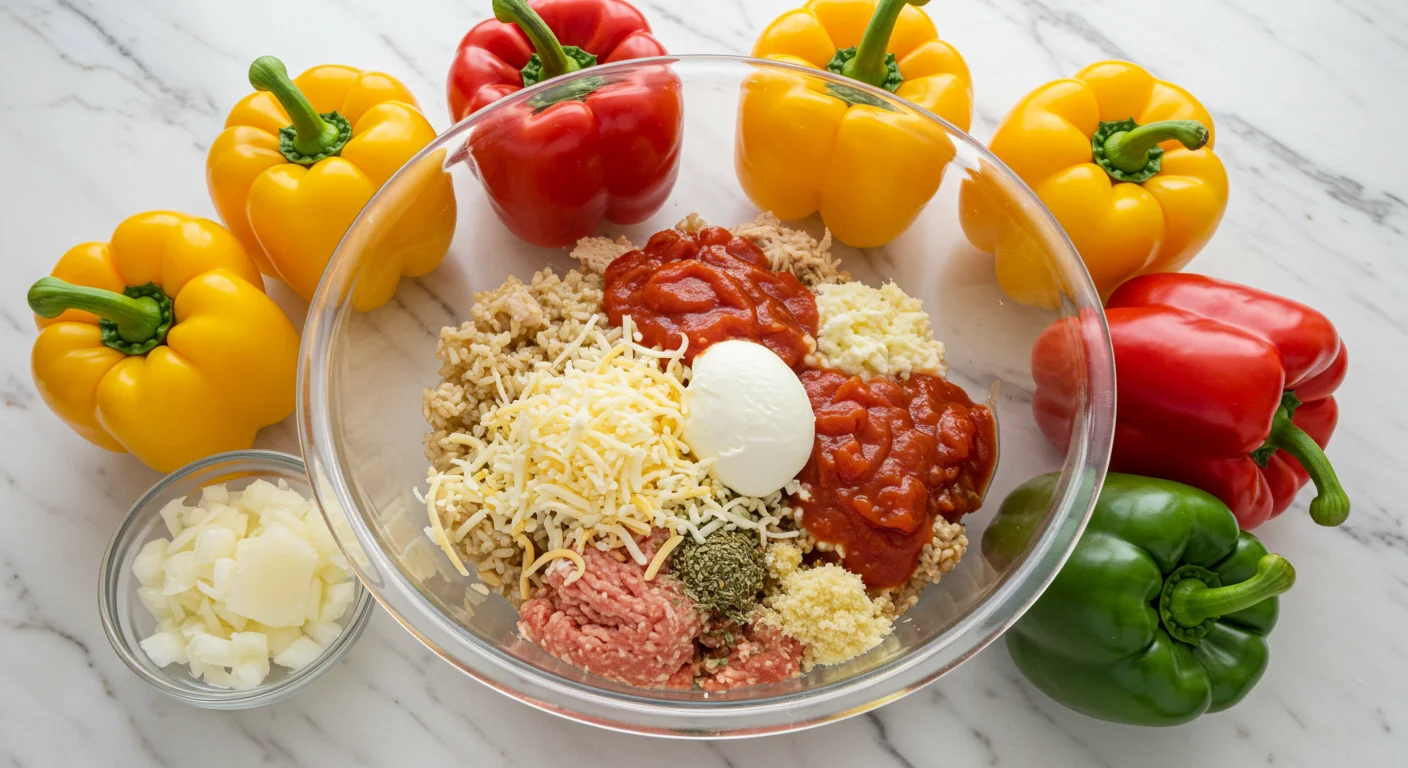One-Point WW Ground Chicken Stuffed Peppers Ingredients for one-point WW Ground Chicken Stuffed Peppers in a glass bowl, surrounded by vibrant bell peppers on a marble countertop.