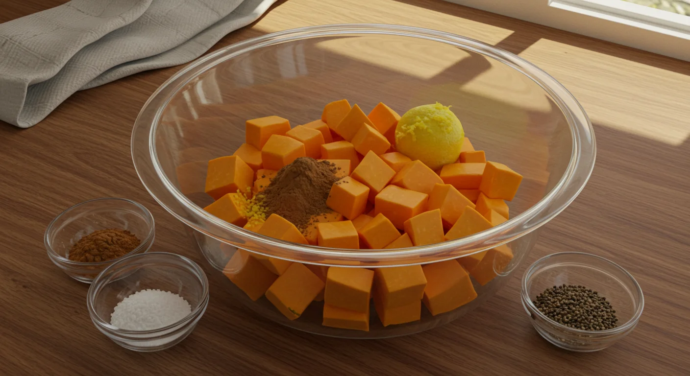 Zero-Point WW Spiced Pumpkin Mash Glass bowl with pumpkin cubes, cinnamon, lemon zest, salt, and pepper on a wooden countertop with natural light and a kitchen towel in the background.