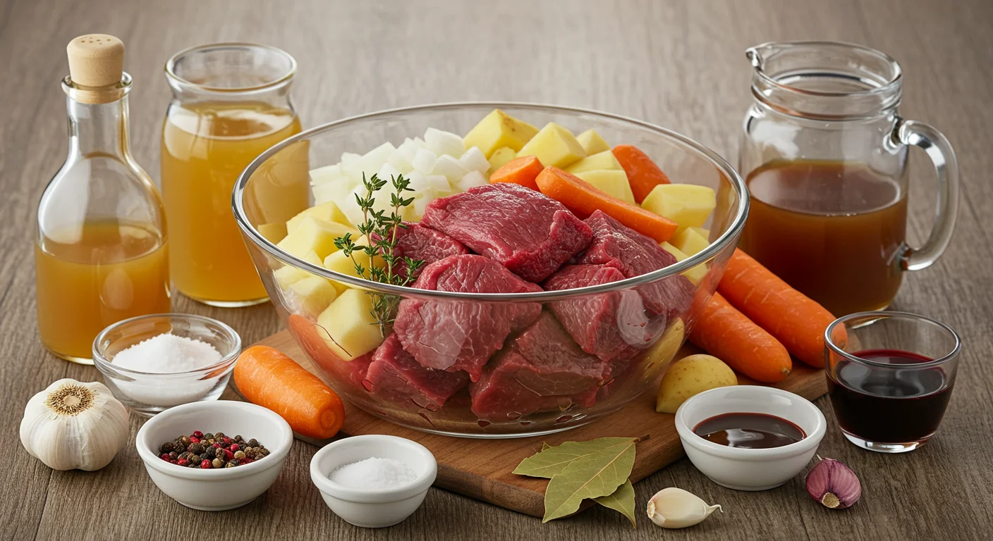 WW Beef Stew WW beef stew ingredients in a glass bowl with beef, carrots, potatoes, onions, thyme, and small bowls of broth, juice, and vinegar on a wooden table.