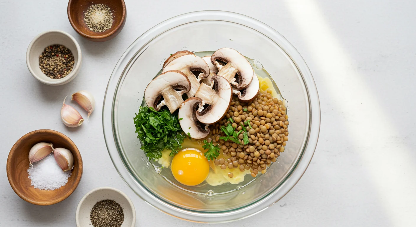 WW One-Point Protein-Packed Breakfast Glass bowl with sliced mushrooms, whisked eggs, parsley, and lentils, surrounded by small bowls of garlic, salt, and pepper on a white countertop.