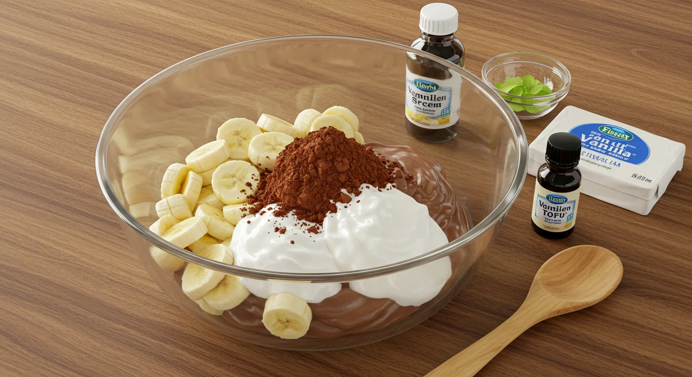 WW Zero Point Chocolate Banana Mousse Glass bowl with chopped bananas, cocoa powder, yogurt, and stevia on a wooden countertop. Nearby are small bowls of tofu and vanilla extract with a wooden spoon.