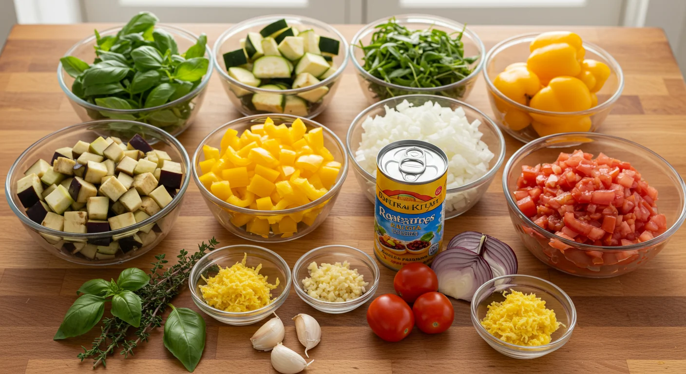 WW Zero Point Ratatouille Top view of fresh ratatouille ingredients in a glass bowl with eggplant, zucchini, peppers, tomatoes, and herbs on a wooden surface