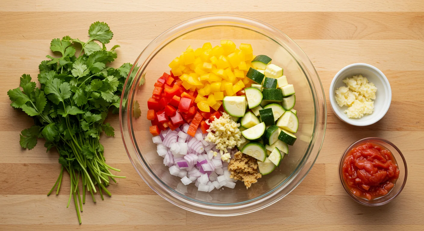 WW Veggie Soup Fresh ingredients for WW Veggie Soup in a glass bowl, including chopped zucchini, peppers, onions, garlic, and canned tomatoes on a wooden counter with natural light.
