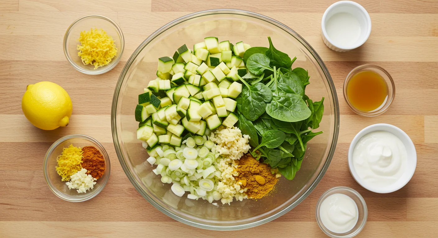 WW Zucchini Soup Ingredients for WW zucchini soup in a glass bowl: chopped zucchini, shallots, garlic, ginger, curry powder, with small bowls of lemon zest, stock, and yogurt.