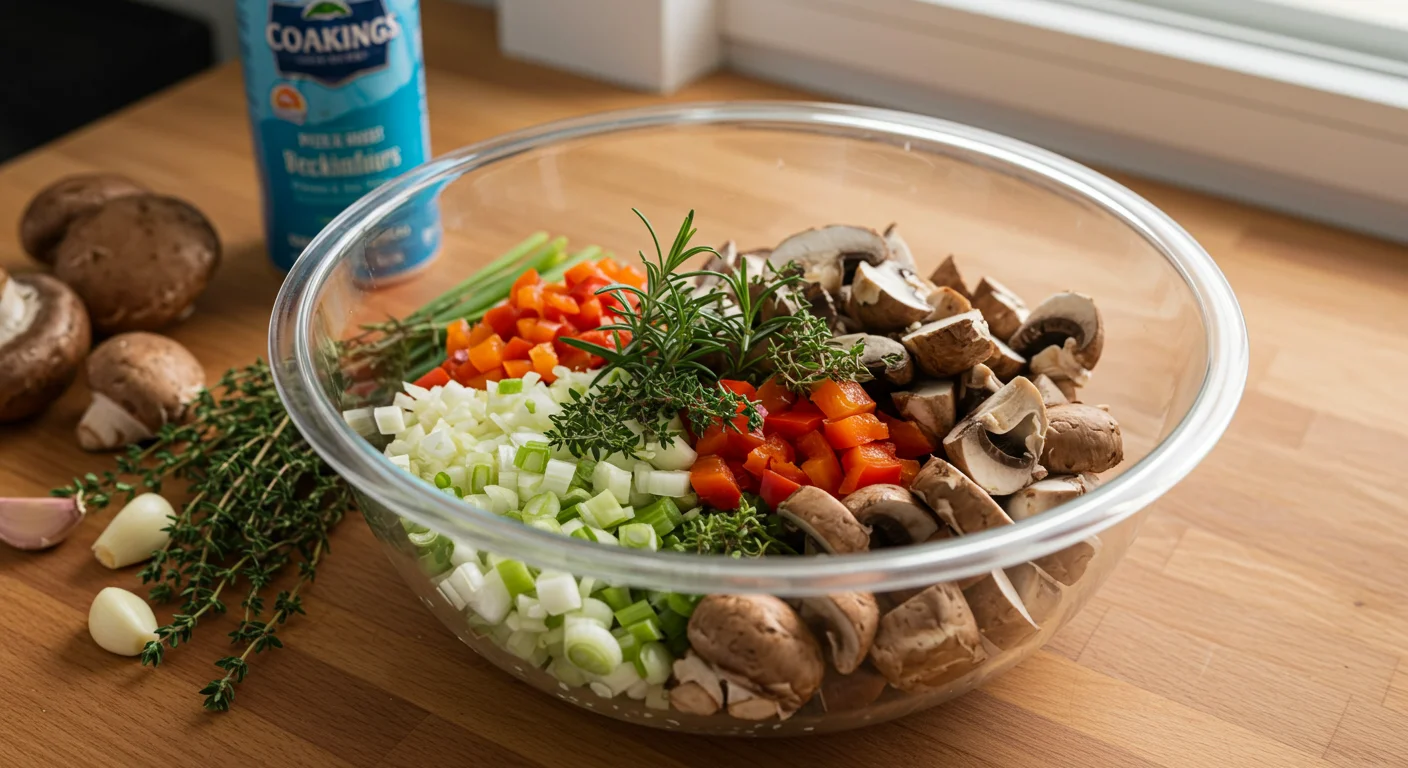 WW Stuffed Mushrooms Glass bowl with chopped mushrooms, shallots, garlic, rosemary, thyme, and roasted capsicum on a wooden counter with natural light.