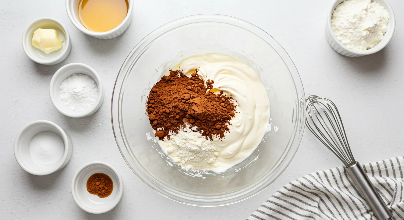 Keto Chocolate Frosty Ingredients for Keto Chocolate Frosty in a glass bowl with small bowls of cocoa powder, sweetener, and vanilla around it on a white counter.