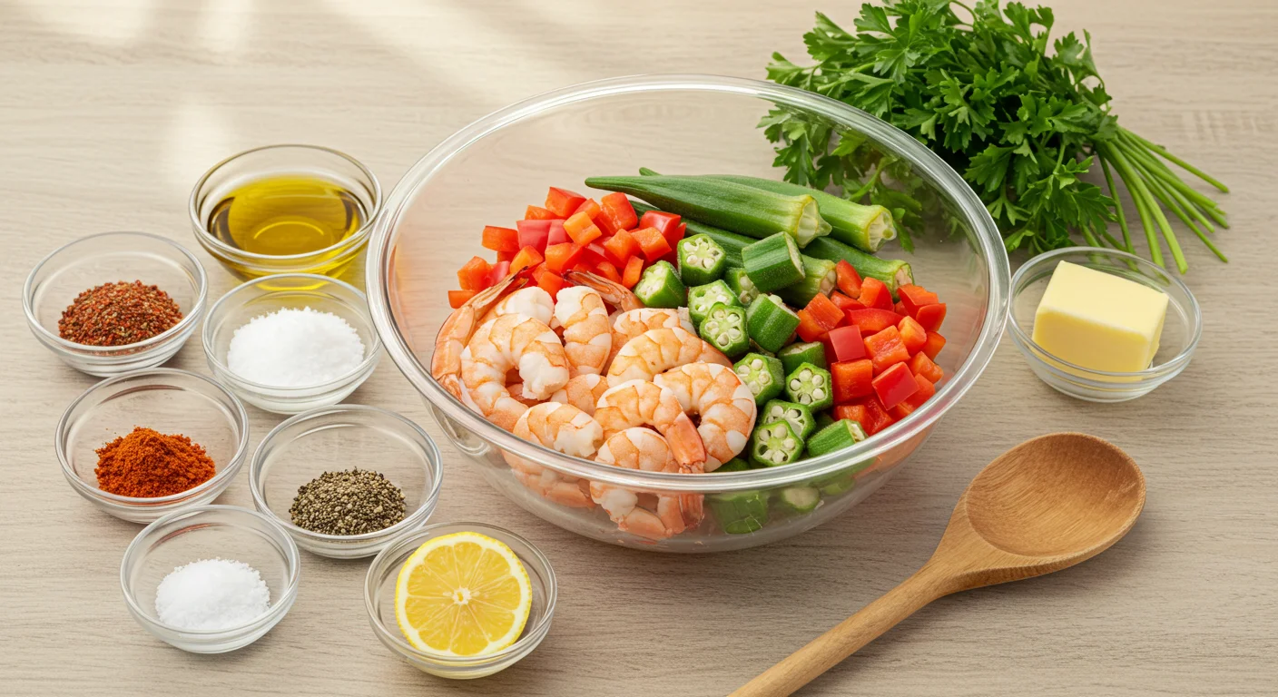 High-Protein Spicy Okra & Shrimp Glass bowl with shrimp, sliced okra, red peppers, onions, surrounded by small bowls of seasoning, oil, butter, and parsley on a rustic table.