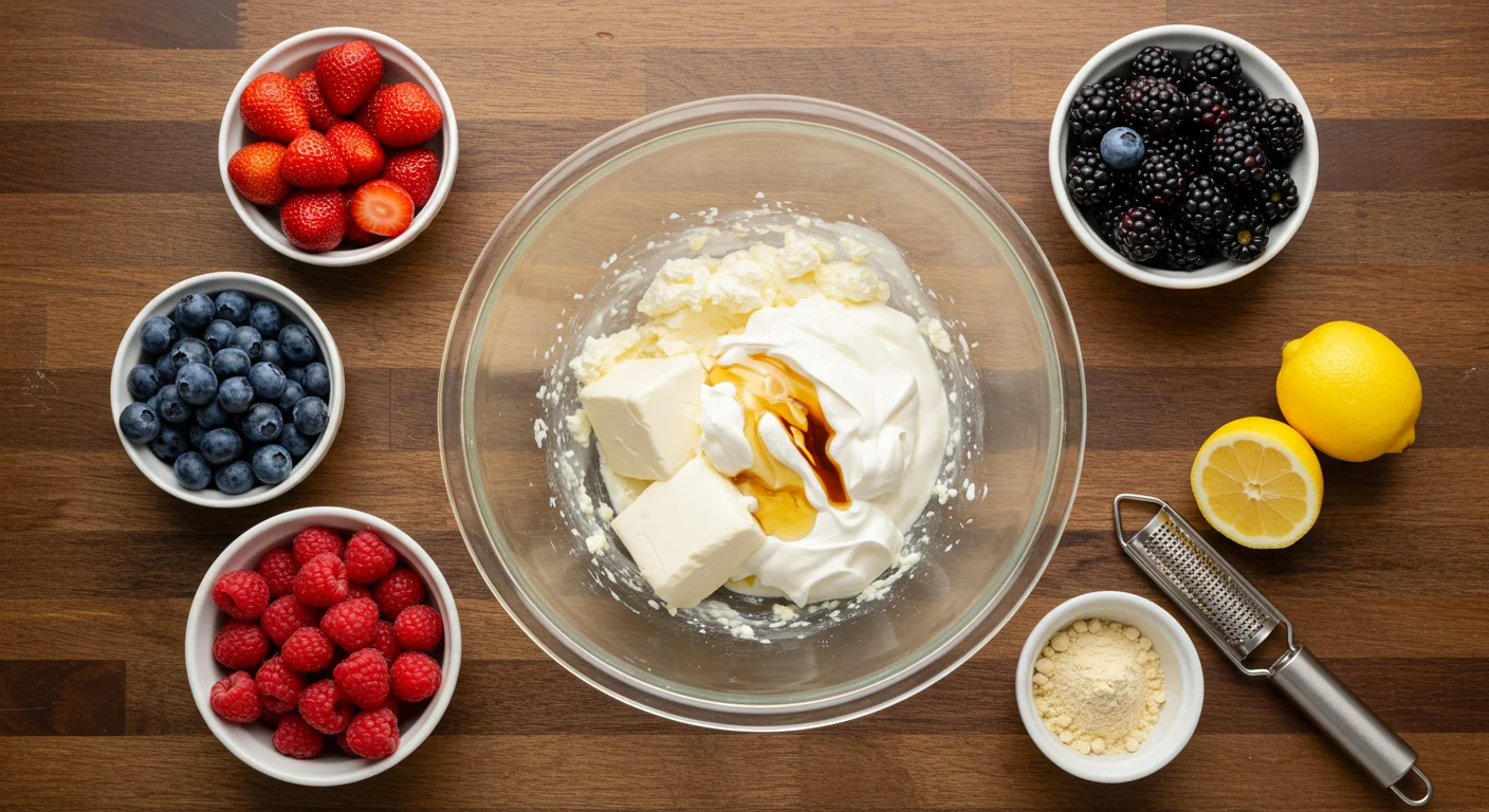 Keto Low Carb Cheesecake Salad Ingredients for Keto Low Carb Cheesecake Salad: cream cheese, whipped cream in a glass bowl, fresh berries, monk fruit sweetener, and a lemon on a rustic countertop.