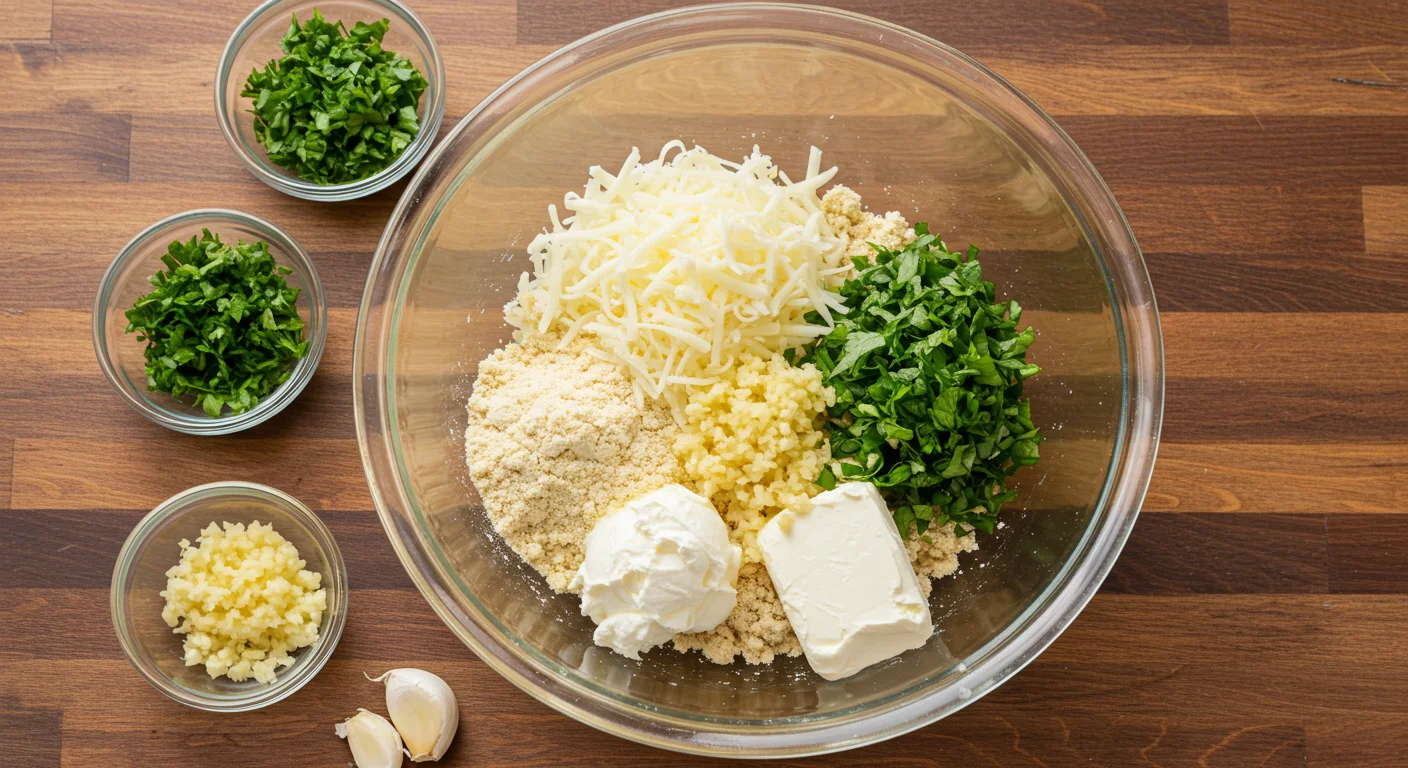 Cheesy Keto Garlic Bread Cheesy keto garlic bread ingredients in a glass bowl with small bowls of parsley, garlic, and almond flour on a wooden counter.