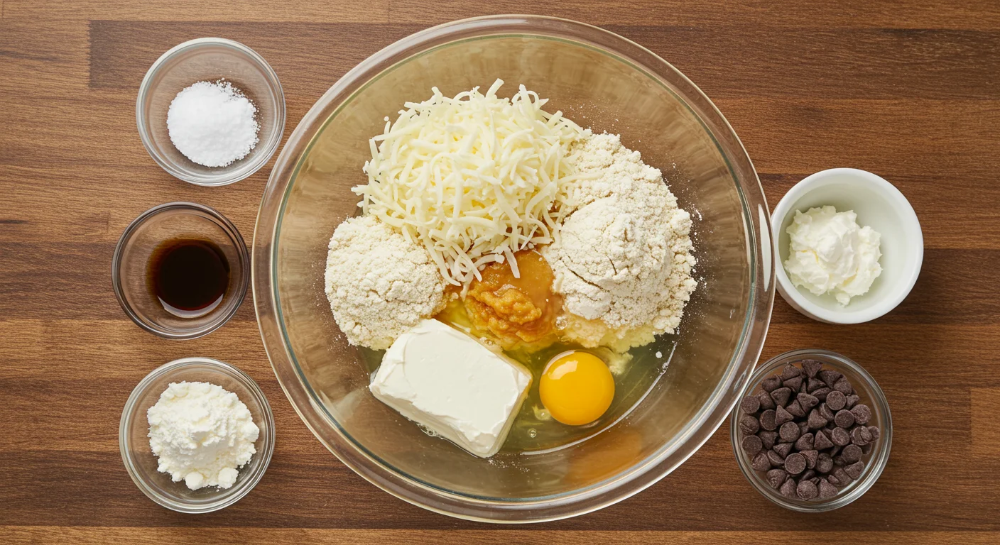 Keto Cream Horns Ingredients for Keto Cream Horns in a glass bowl on a wooden countertop, surrounded by small bowls of vanilla, sweetener, and chocolate chips.