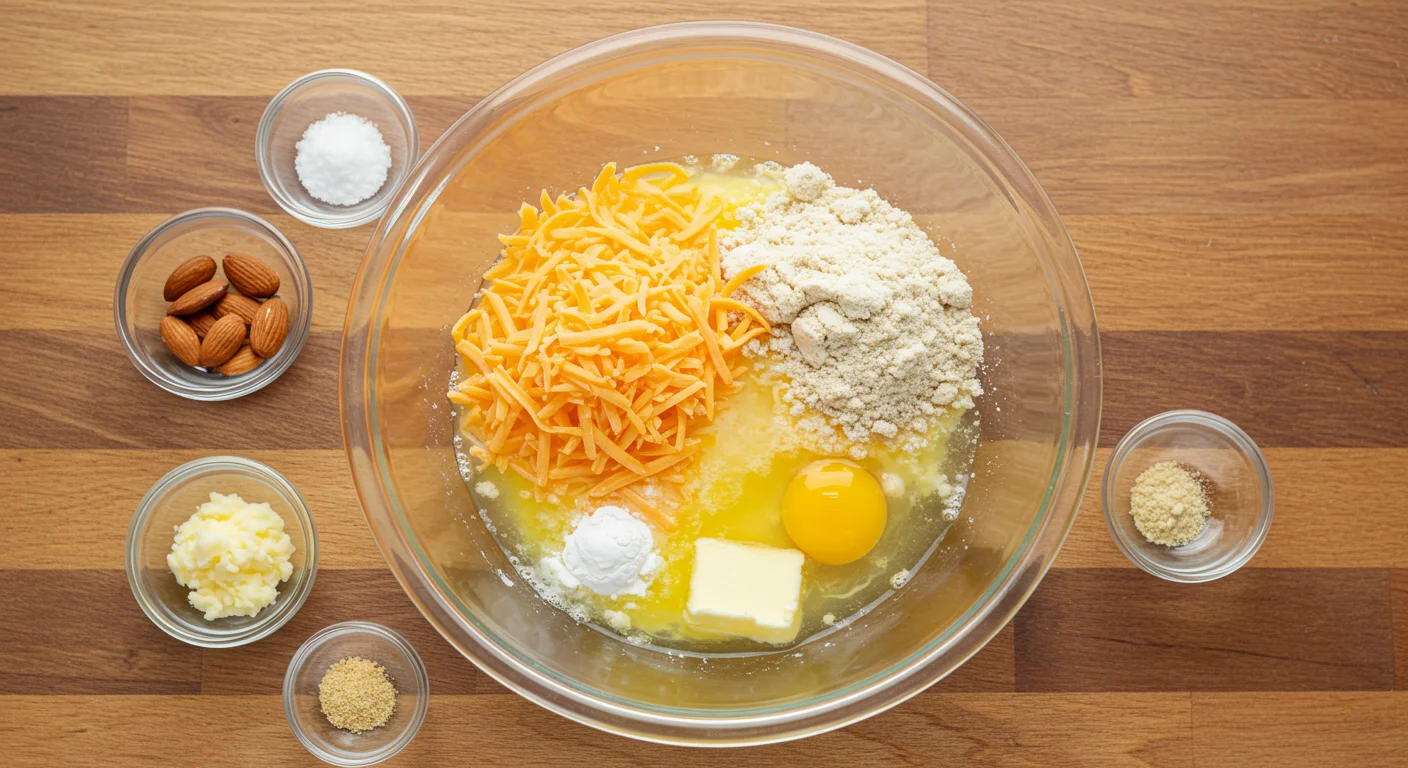 Keto Cheddar Biscuits Glass bowl with whisked eggs, cheddar cheese, almond flour, butter, garlic powder, and baking powder on a wooden countertop.