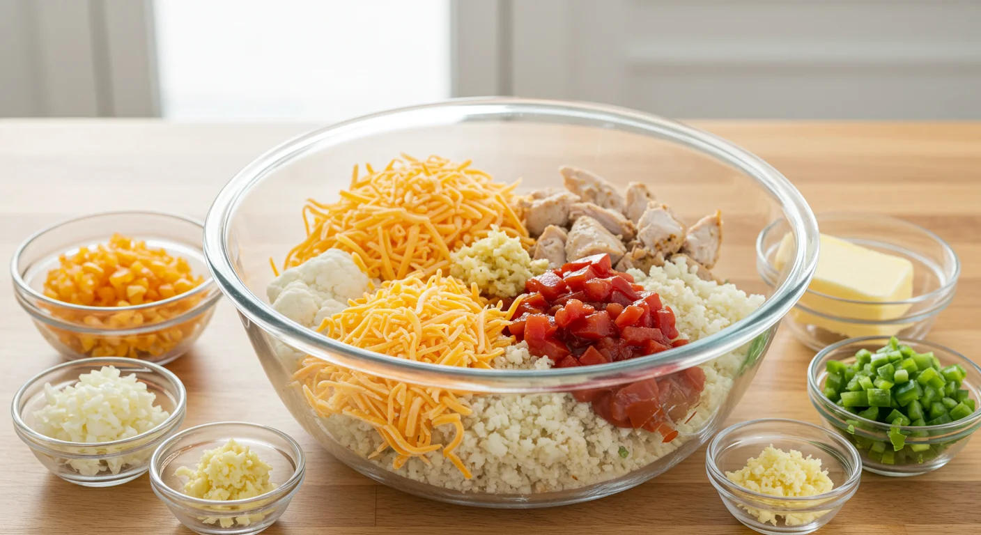 Keto Mexican Cheesy Chicken Skillet Ingredients for Keto Mexican Cheesy Chicken Skillet in a glass bowl, including chicken, cheese, cauliflower rice, tomatoes, and veggies on a kitchen counter.