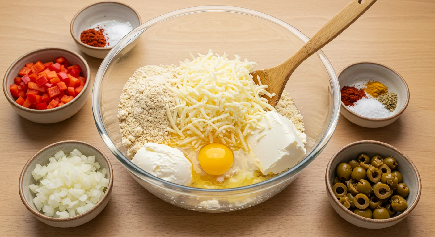 Keto Empanadas Ingredients for Keto Empanadas in a glass bowl, partially mixed, with small dishes of spices, onions, and peppers on a wooden countertop.