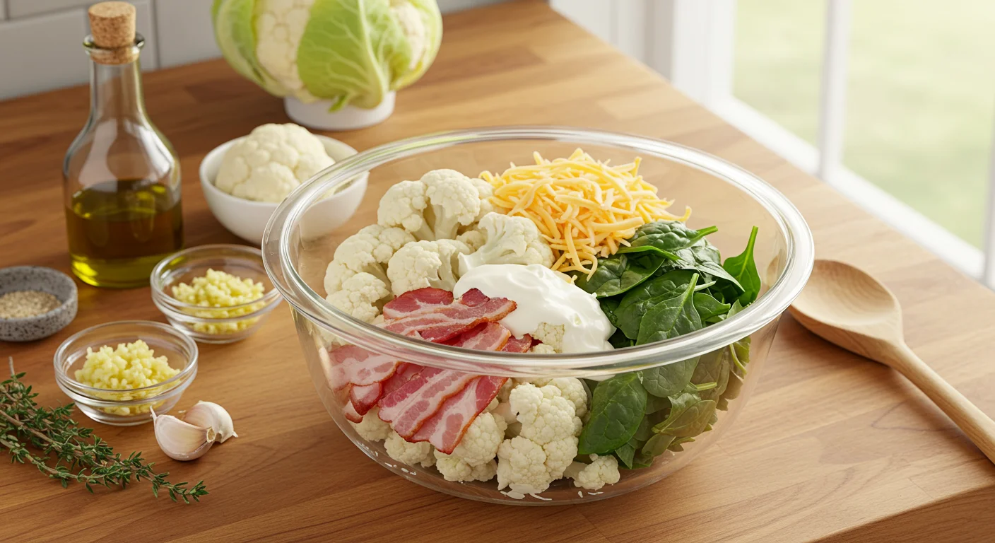 Keto Creamy Chicken, Bacon & Cauliflower Bake Ingredients for keto creamy chicken, bacon, and cauliflower bake in a glass bowl, including cauliflower florets, bacon strips, spinach, shredded cheese, and cream, on a wooden counter.
