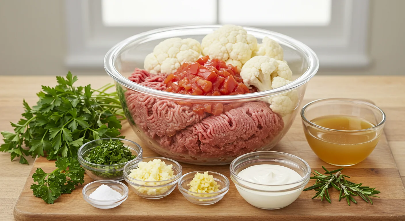 High-protein Shepherd's Pie Ingredients for high-protein shepherd’s pie, including cauliflower, ground beef, and herbs, arranged in small glass bowls on a rustic countertop.