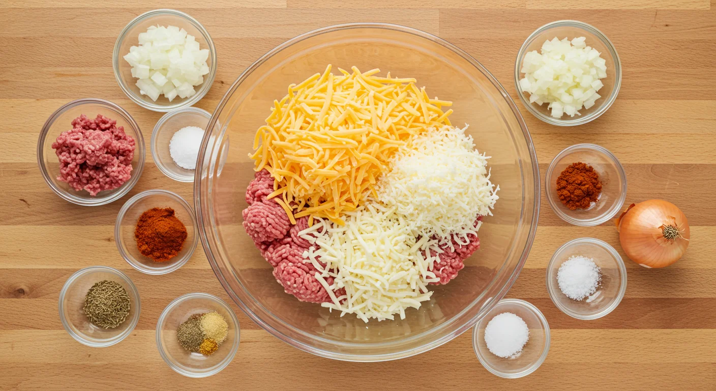 Keto Beef Taquitos Top-down view of keto beef taquito ingredients: shredded cheeses in a glass bowl, surrounded by bowls of beef, onions, and spices on a wooden surface.