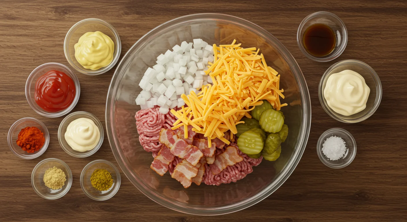 Keto Hamburger Bake Cheeseburger Casserole Overhead view of keto cheeseburger casserole ingredients in a glass bowl with smaller bowls of condiments on a rustic countertop.