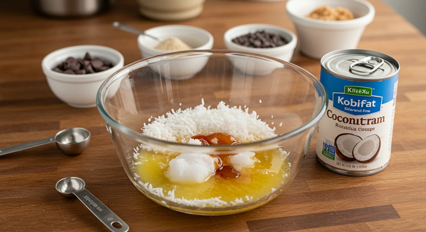 Keto Bounty Bars Glass bowl with shredded coconut, melted coconut oil, and keto maple syrup on a wooden counter, surrounded by ingredients.