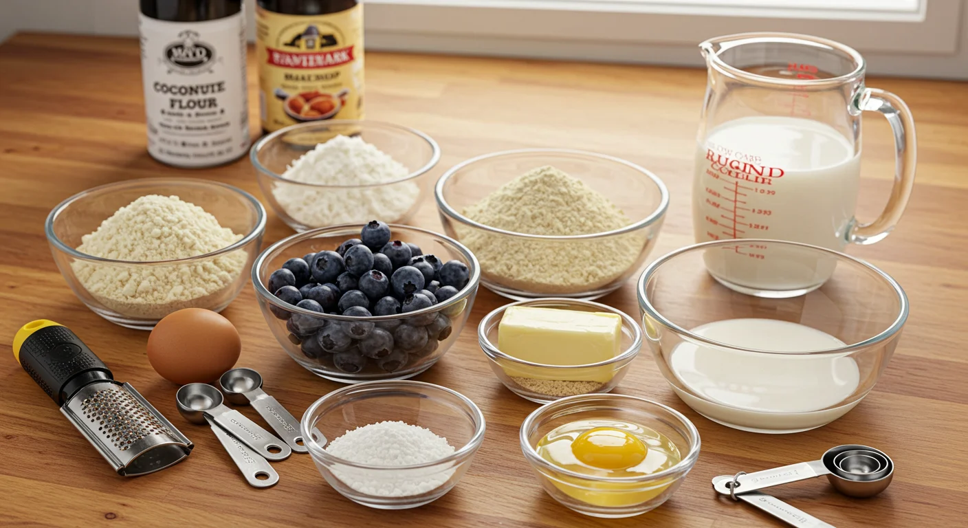 Low Carb Blueberry Cobbler Ingredients for Low Carb Blueberry Cobbler in glass bowls on a wooden countertop, including blueberries, almond flour, and erythritol, with natural light.