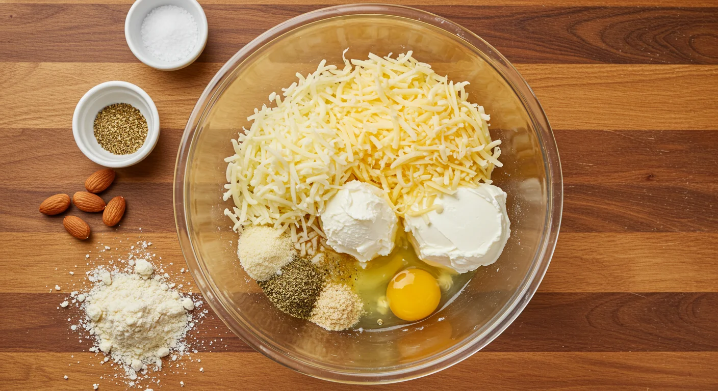 Keto Hot Pockets Ingredients for keto hot pockets in a glass bowl, including cheese, almond flour, eggs, and seasonings on a wooden countertop.