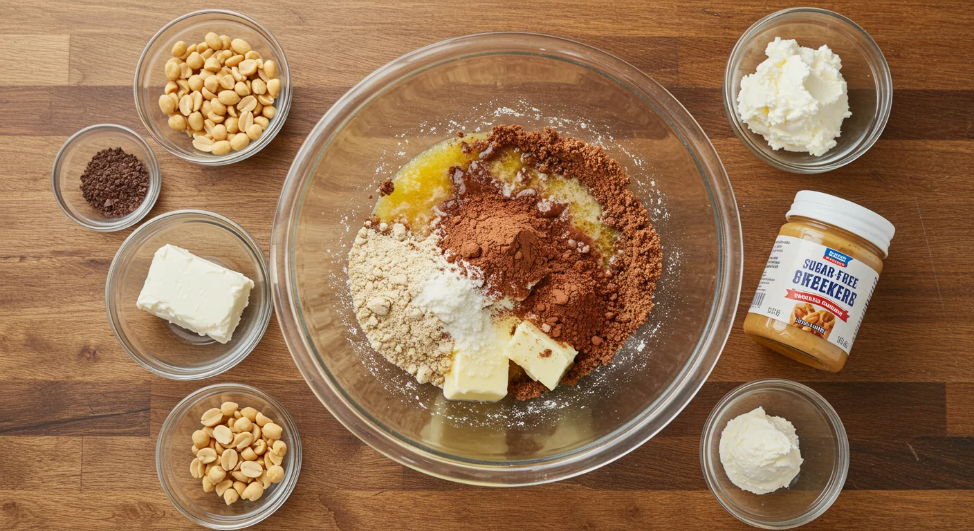 Keto Snickers Cheesecake Glass mixing bowl with almond flour, cocoa powder, and sweetener, surrounded by small bowls of cream cheese, peanuts, chocolate chips, and peanut butter on a wooden counter.