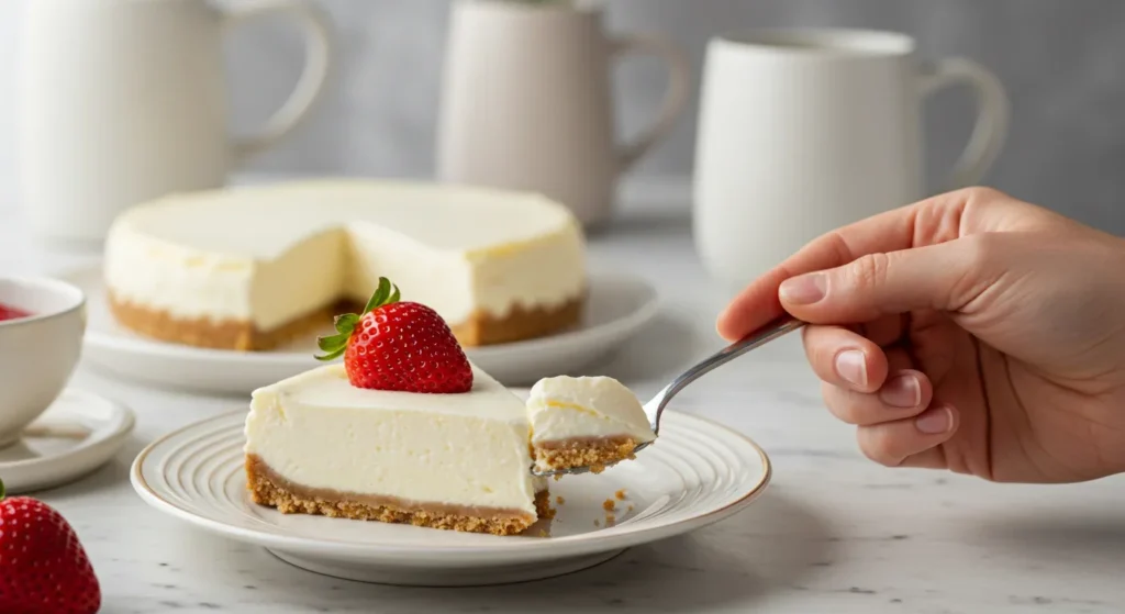 Enlightened Keto Cheesecake Hand holding a slice of keto cheesecake with a strawberry, while the rest sits on a classy plate on a marble countertop.