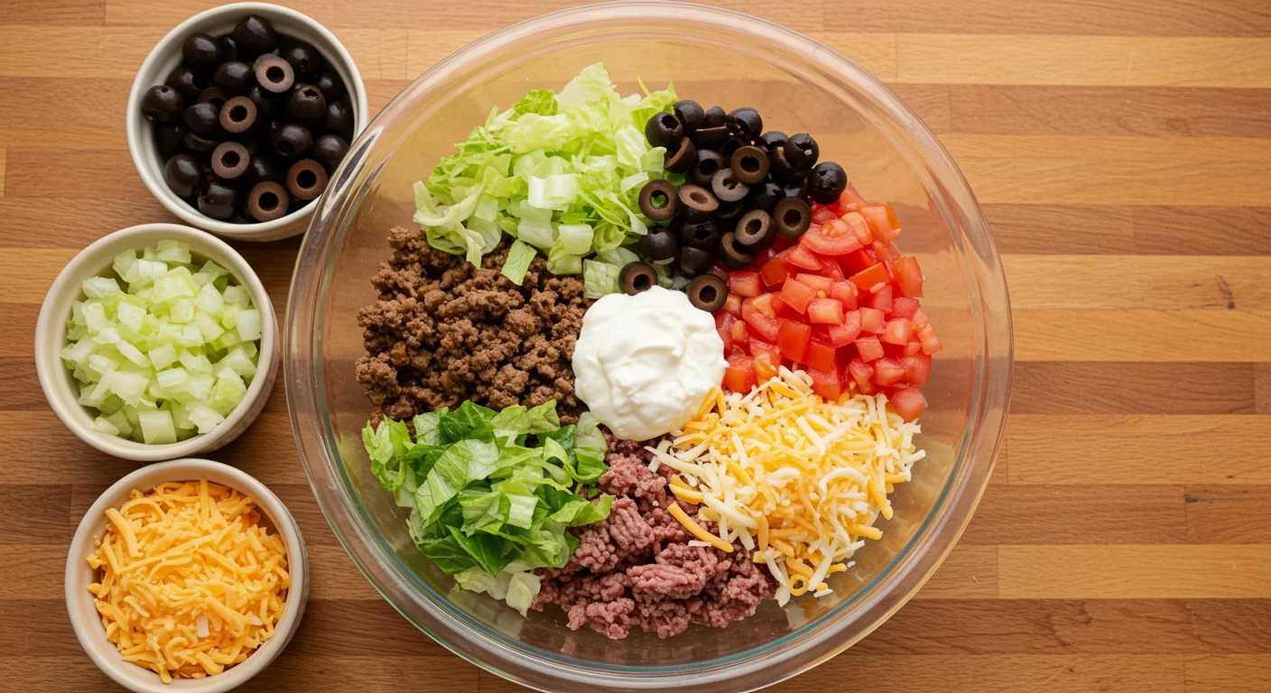 Keto Mac Salad Fresh Keto Mac Salad ingredients in a glass bowl: lettuce, cheese, tomatoes, olives, ground beef, and sauce, with natural lighting.